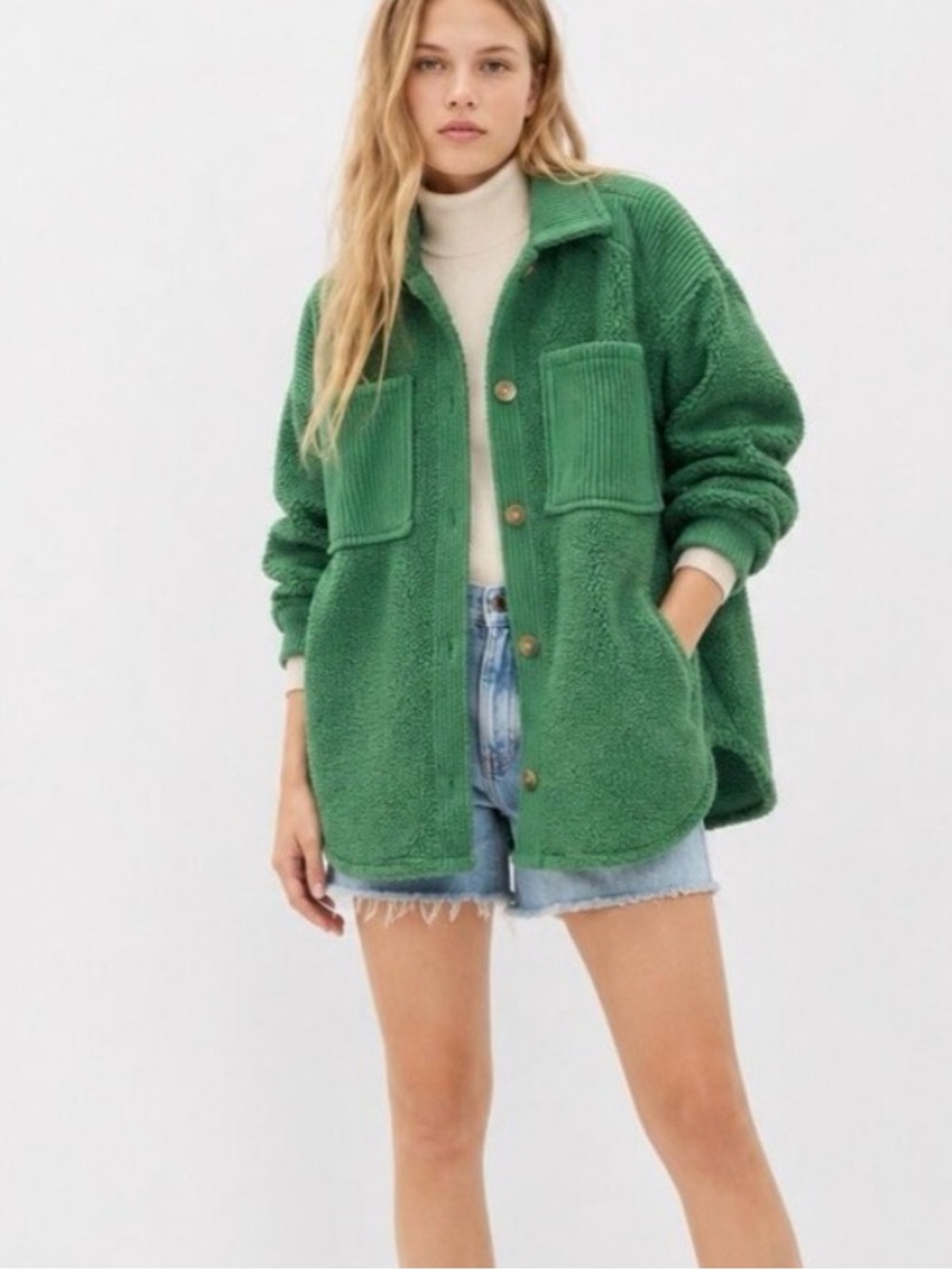 American Eagle Outfitters | Kelly Green Faux Sherpa Button-Up Shacket